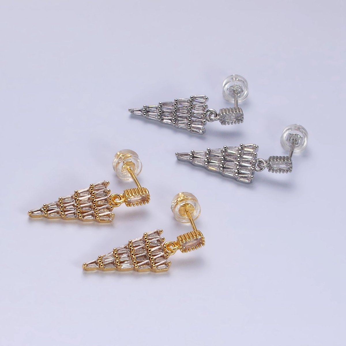 16K Gold Filled Clear Triangle Drop Baguette CZ Stud Earrings in Gold & Silver | AD966 AD967 - DLUXCA