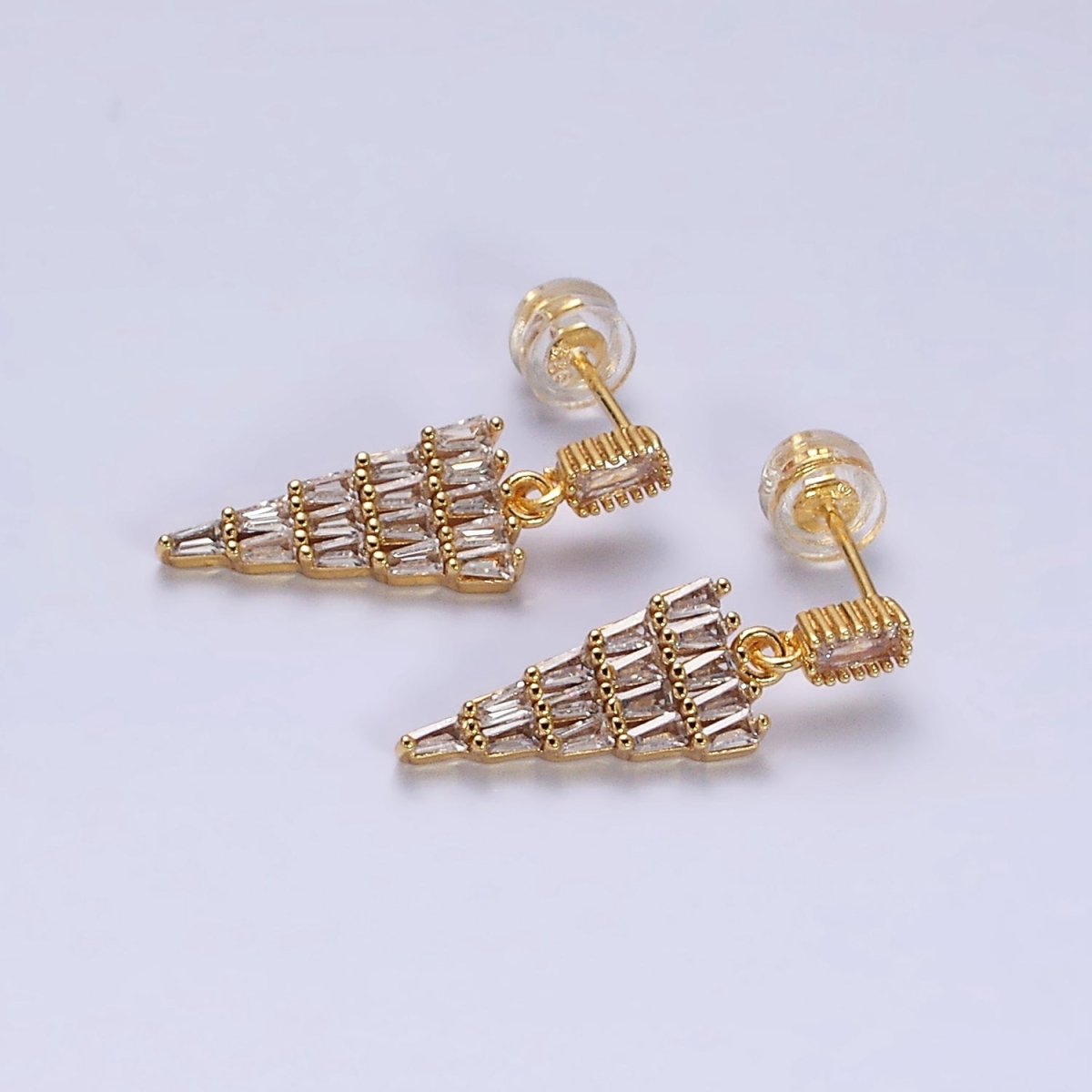 16K Gold Filled Clear Triangle Drop Baguette CZ Stud Earrings in Gold & Silver | AD966 AD967 - DLUXCA