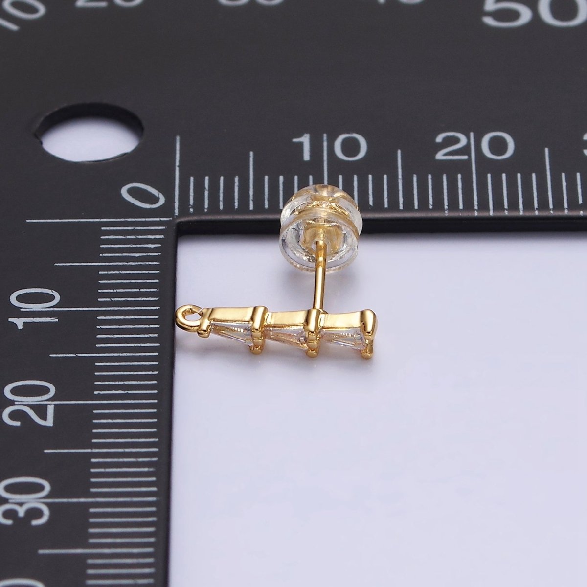 16K Gold Filled Clear Triple Triangle Baguette Linear Drop Open Loop Stud Earrings Supply in Gold & Silver | Z-419 Z-420 - DLUXCA