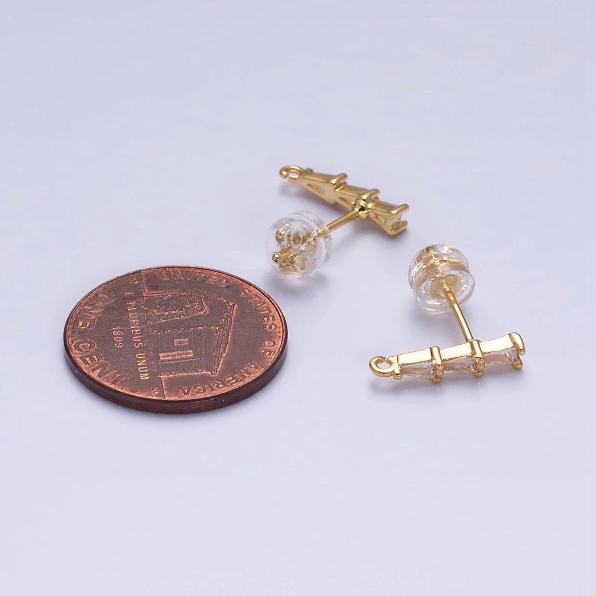 16K Gold Filled Clear Triple Triangle Baguette Linear Drop Open Loop Stud Earrings Supply in Gold & Silver | Z-419 Z-420 - DLUXCA