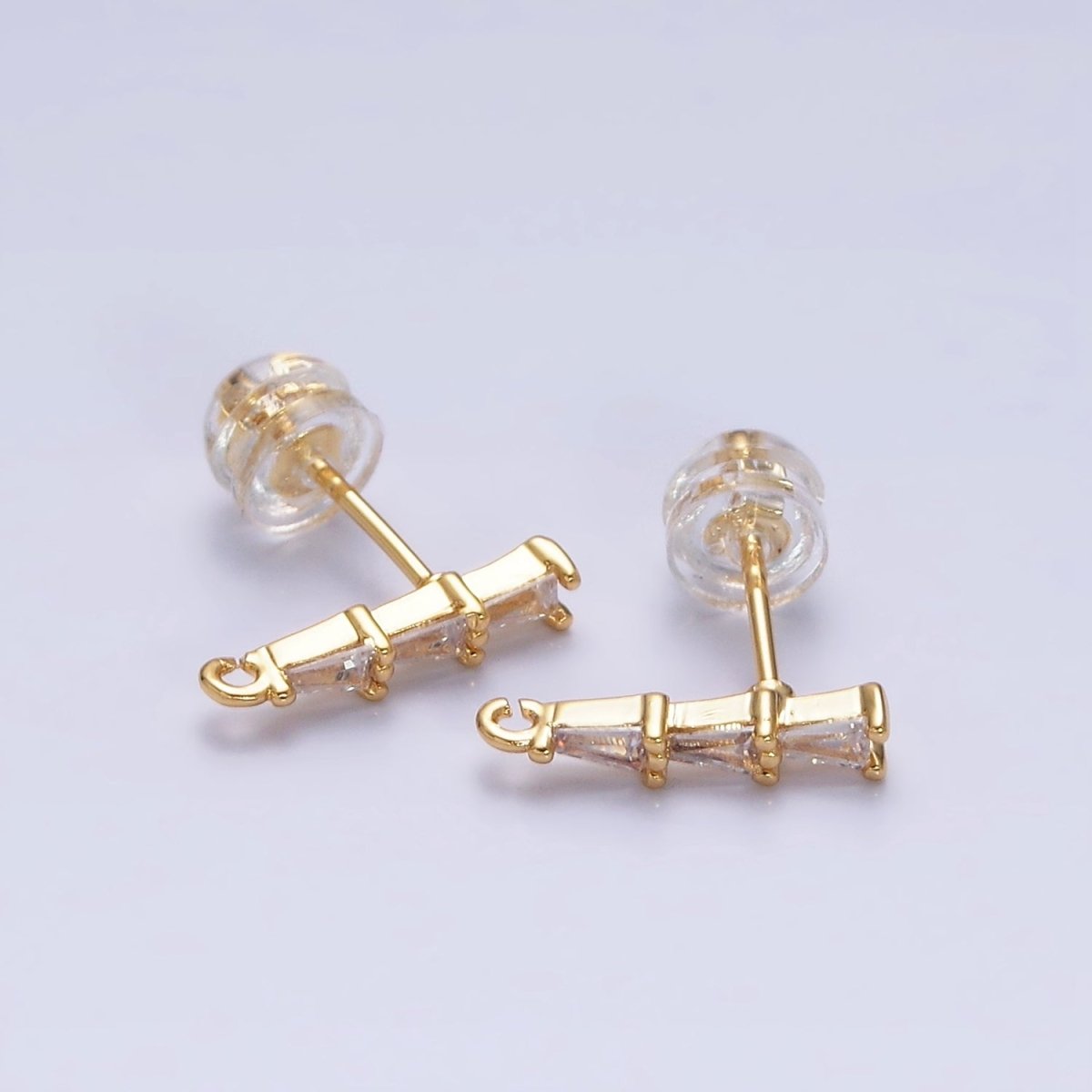 16K Gold Filled Clear Triple Triangle Baguette Linear Drop Open Loop Stud Earrings Supply in Gold & Silver | Z-419 Z-420 - DLUXCA