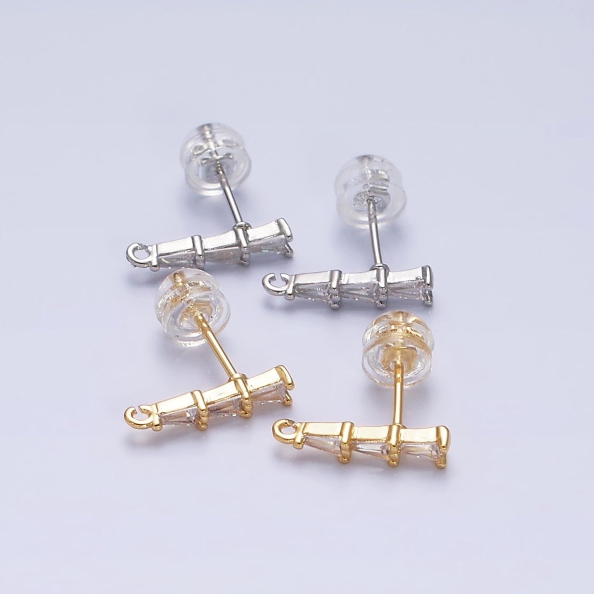 16K Gold Filled Clear Triple Triangle Baguette Linear Drop Open Loop Stud Earrings Supply in Gold & Silver | Z-419 Z-420 - DLUXCA