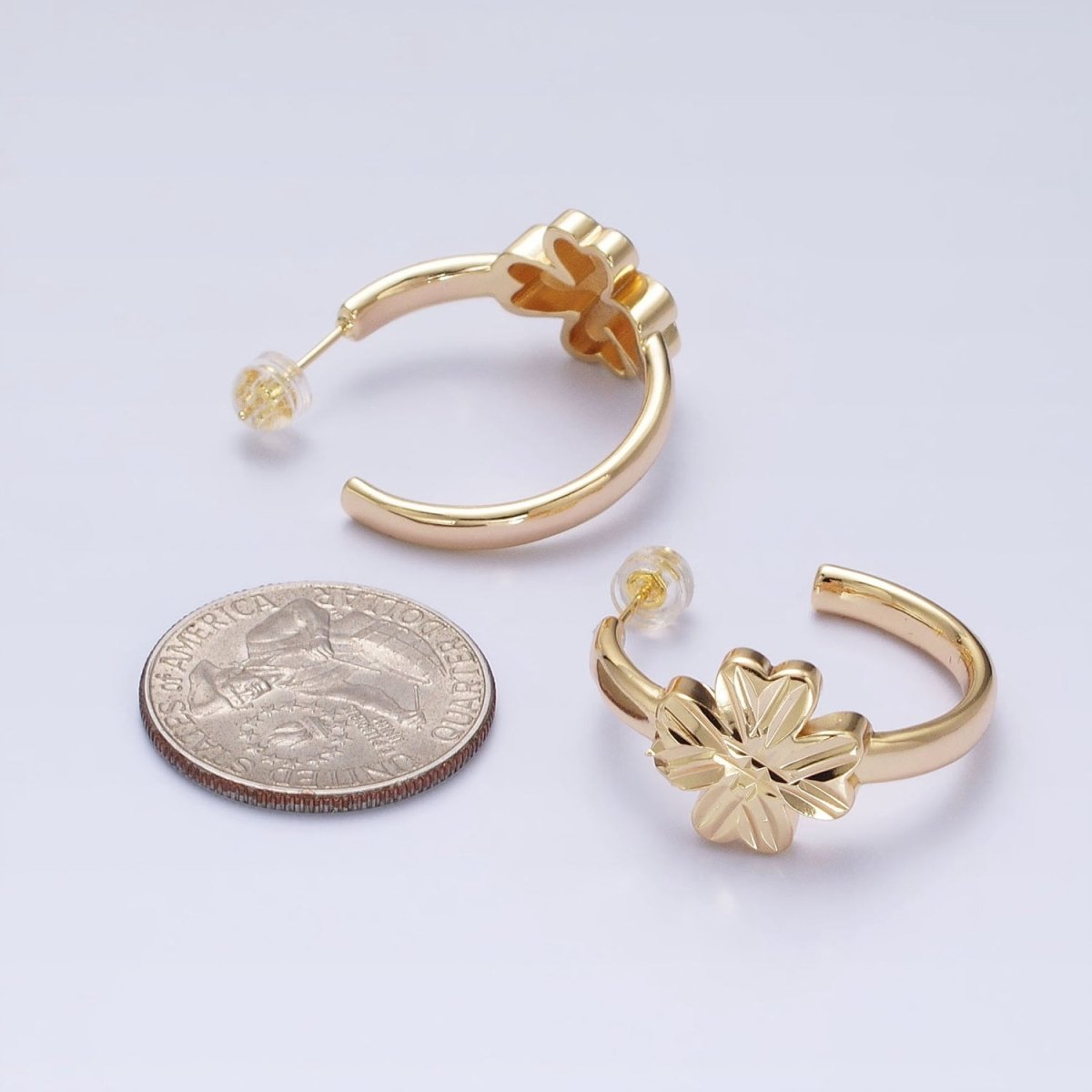 16K Gold Filled Clover Quatrefoil 30mm C-Shaped Hoop Earrings in Gold & Silver | AB473 AB474 - DLUXCA