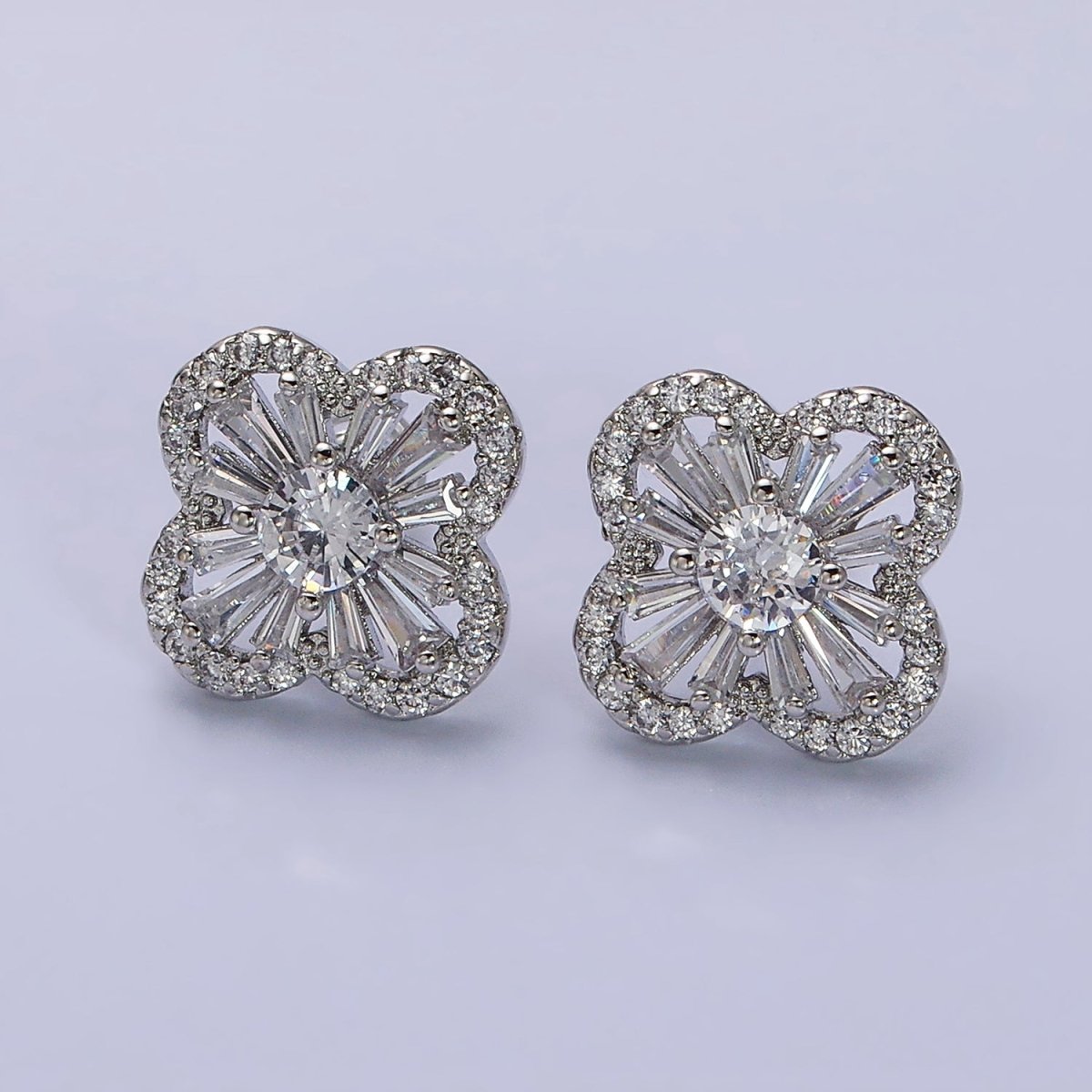 16K Gold Filled Clover Quatrefoil Baguette Micro Paved CZ Stud Earrings in Gold & Silver | AD1181 AD1182 - DLUXCA