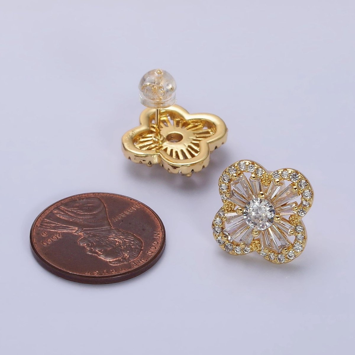 16K Gold Filled Clover Quatrefoil Baguette Micro Paved CZ Stud Earrings in Gold & Silver | AD1181 AD1182 - DLUXCA