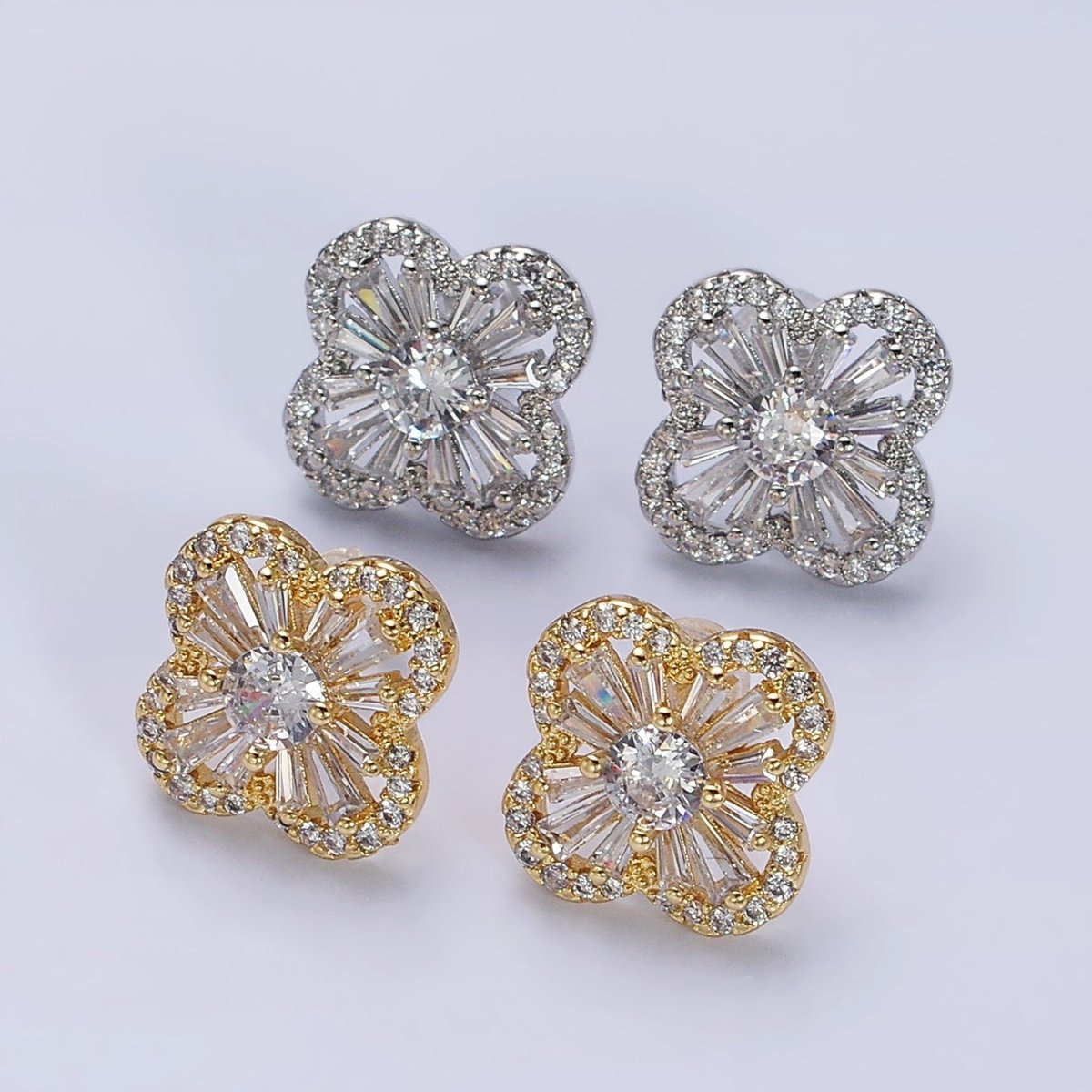 16K Gold Filled Clover Quatrefoil Baguette Micro Paved CZ Stud Earrings in Gold & Silver | AD1181 AD1182 - DLUXCA