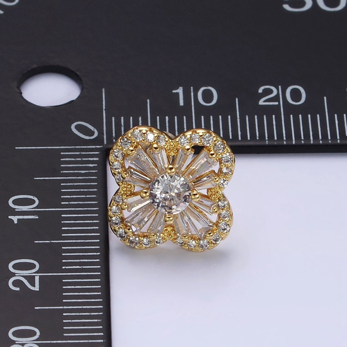 16K Gold Filled Clover Quatrefoil Baguette Micro Paved CZ Stud Earrings in Gold & Silver | AD1181 AD1182 - DLUXCA