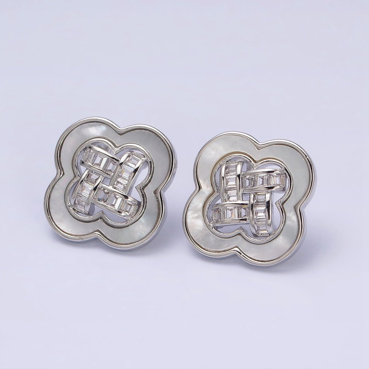 16K Gold Filled Clover Quatrefoil Shell Pearl Baguette Open Stud Earrings in Gold & Silver | AD1241 AD1242 - DLUXCA