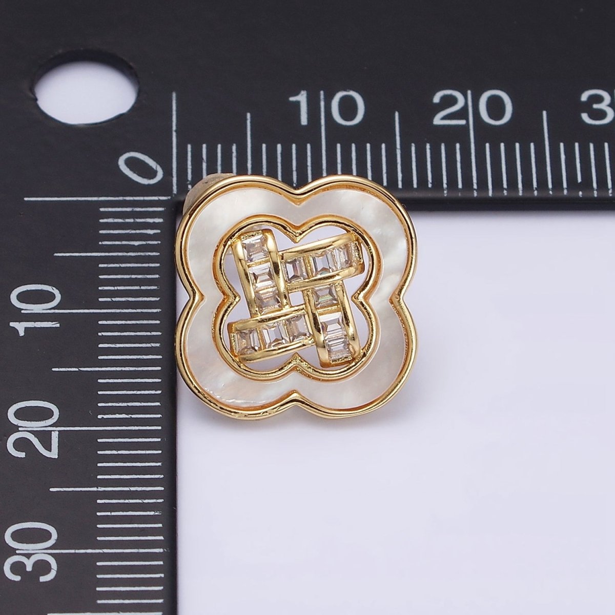 16K Gold Filled Clover Quatrefoil Shell Pearl Baguette Open Stud Earrings in Gold & Silver | AD1241 AD1242 - DLUXCA