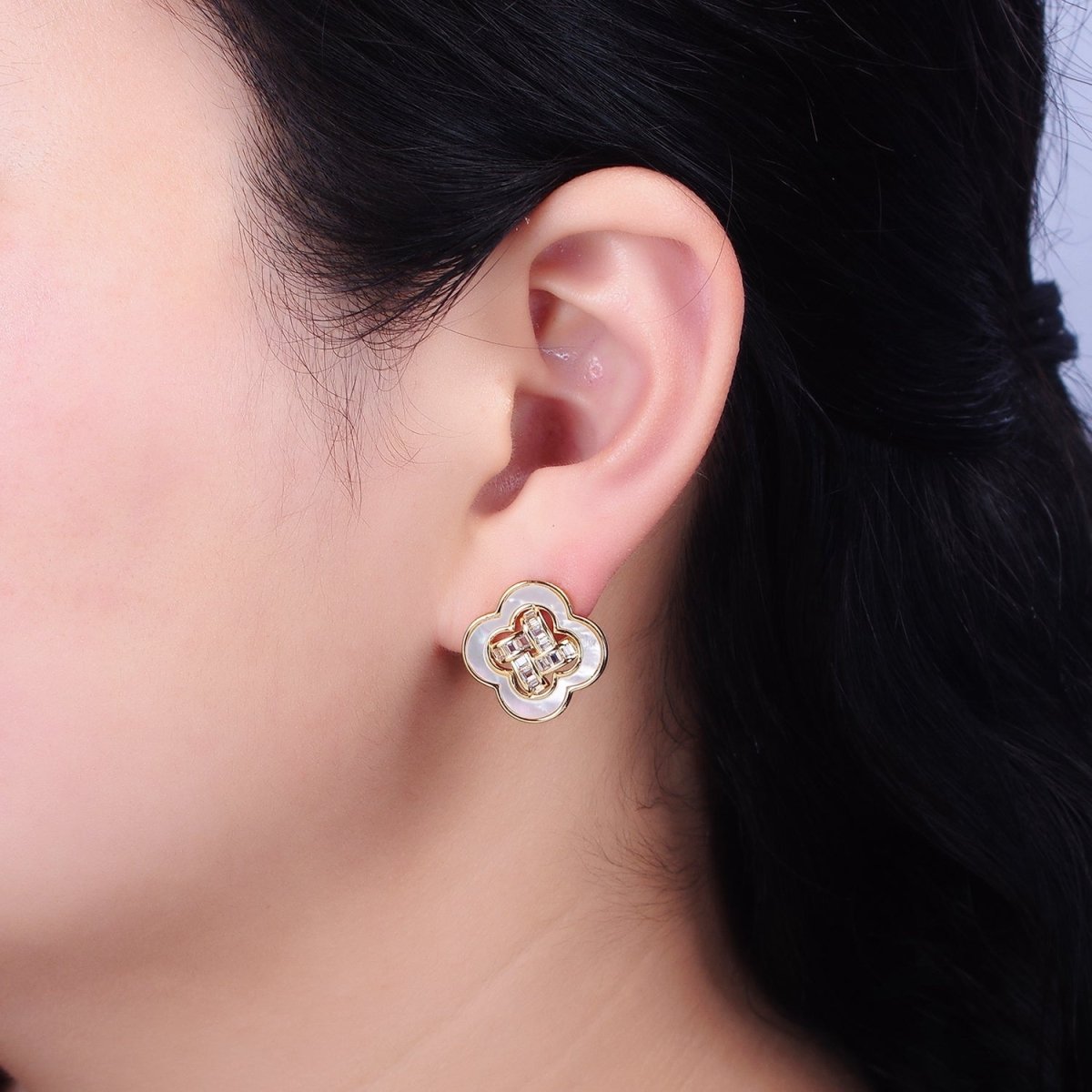 16K Gold Filled Clover Quatrefoil Shell Pearl Baguette Open Stud Earrings in Gold & Silver | AD1241 AD1242 - DLUXCA