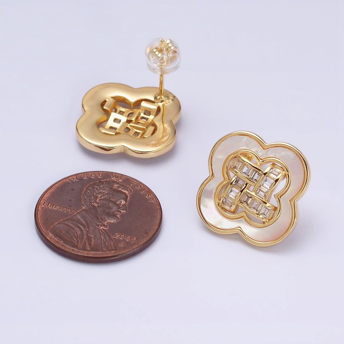 16K Gold Filled Clover Quatrefoil Shell Pearl Baguette Open Stud Earrings in Gold & Silver | AD1241 AD1242 - DLUXCA