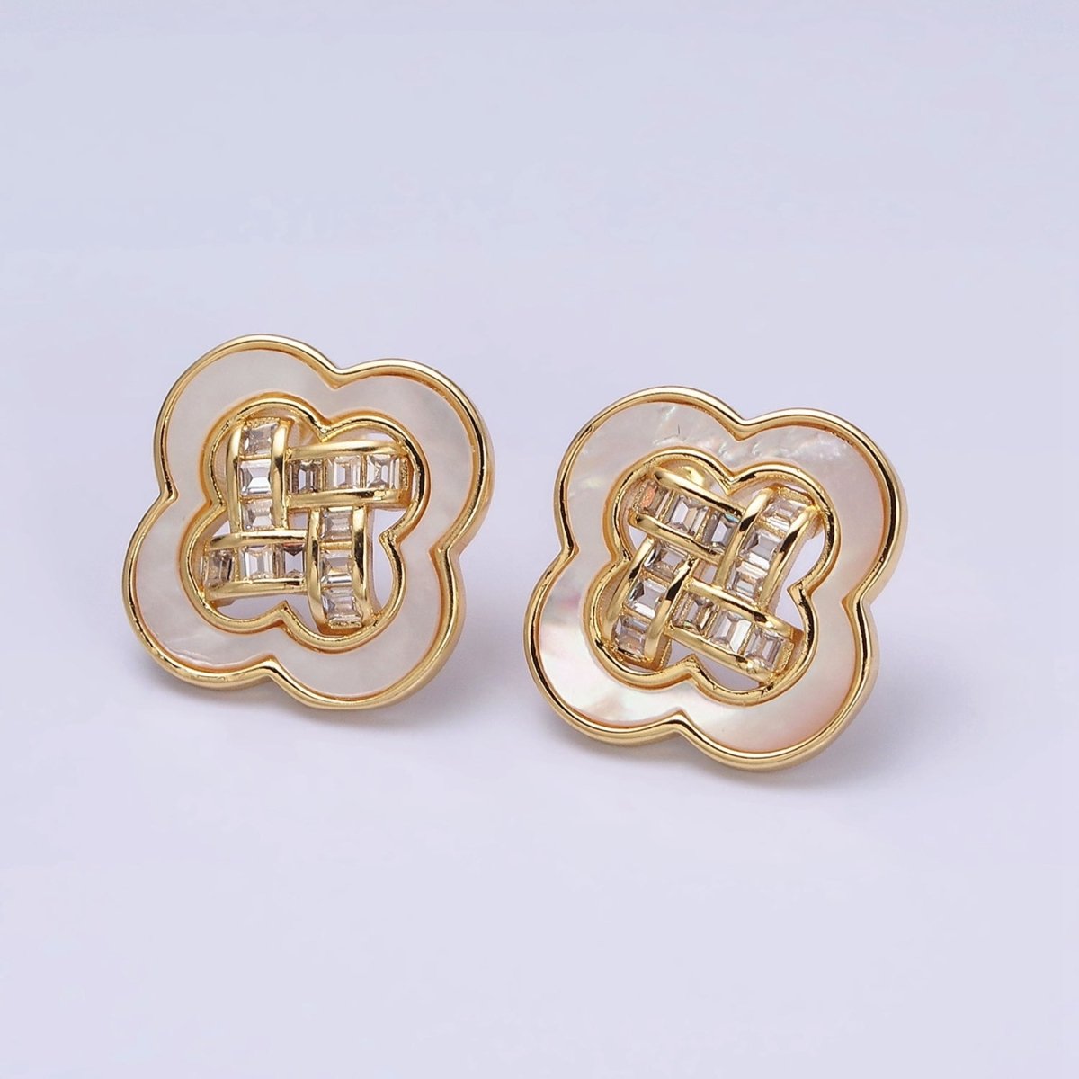 16K Gold Filled Clover Quatrefoil Shell Pearl Baguette Open Stud Earrings in Gold & Silver | AD1241 AD1242 - DLUXCA