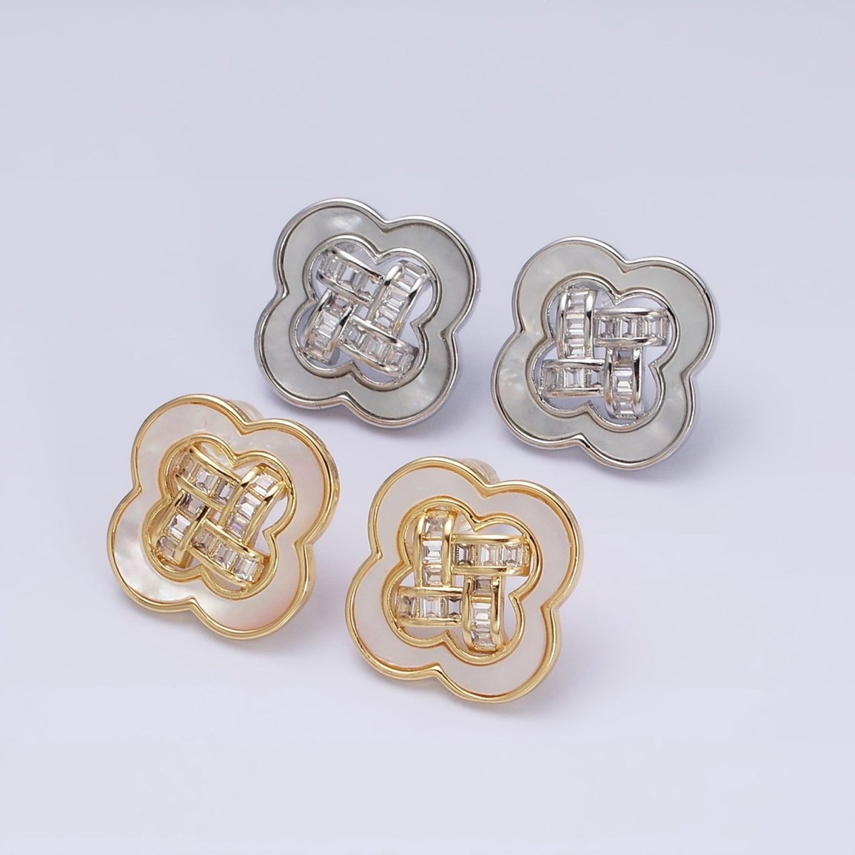 16K Gold Filled Clover Quatrefoil Shell Pearl Baguette Open Stud Earrings in Gold & Silver | AD1241 AD1242 - DLUXCA