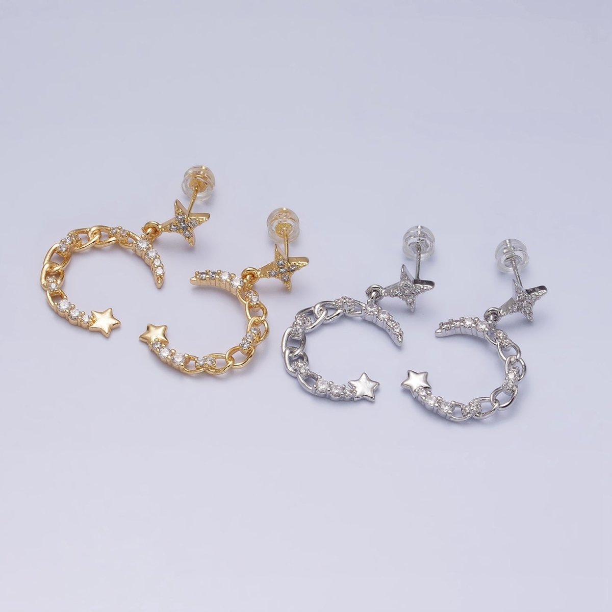 16K Gold Filled Crescent Moon Dangle Earring - Gold Celestial Stud Earrings AD1473 AD1472 - DLUXCA