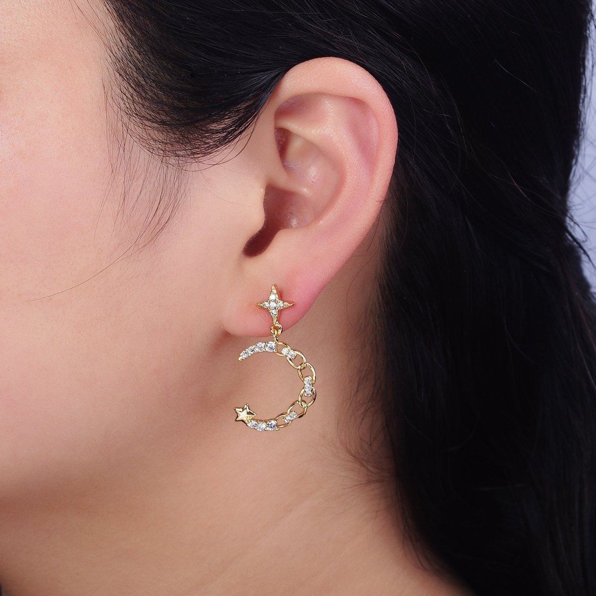 16K Gold Filled Crescent Moon Dangle Earring - Gold Celestial Stud Earrings AD1473 AD1472 - DLUXCA