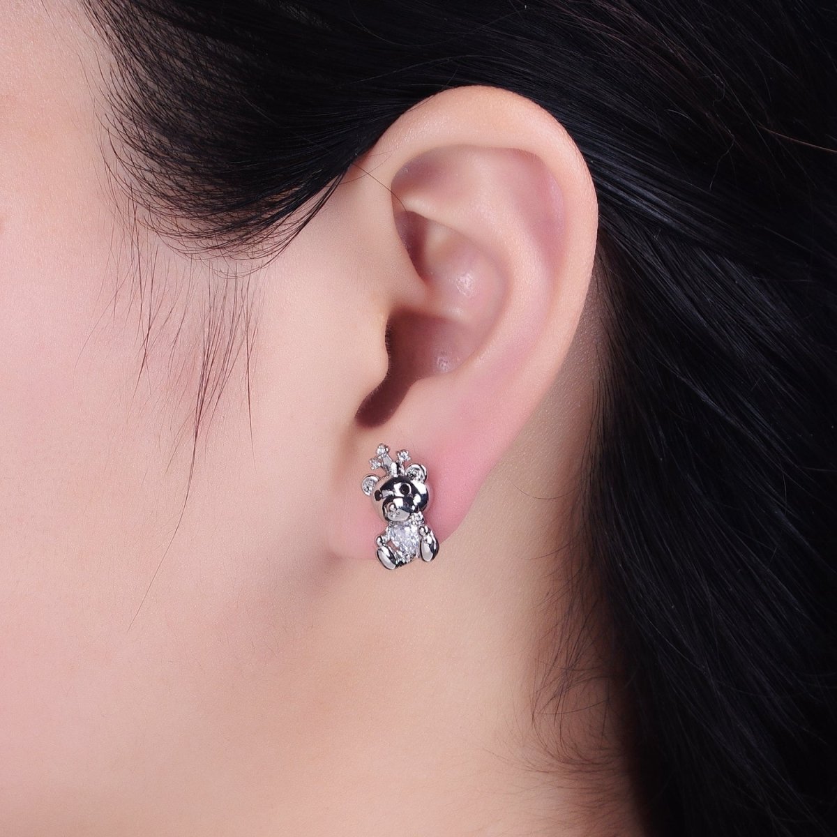 16K Gold Filled Crowned King Teddy Bear Clear CZ Heart Stud Earrings in Silver & Gold | AB1539 AD822 - DLUXCA