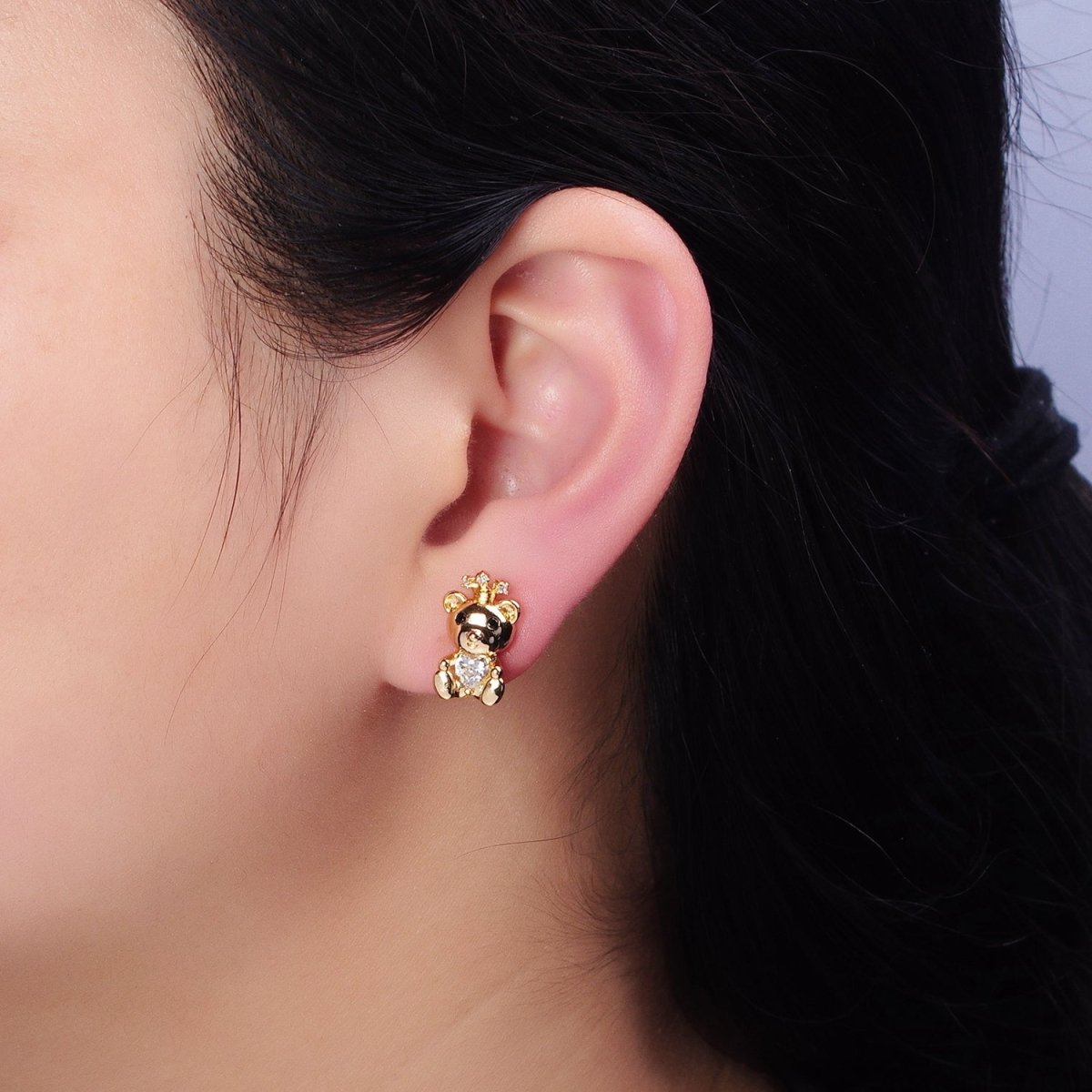 16K Gold Filled Crowned King Teddy Bear Clear CZ Heart Stud Earrings in Silver & Gold | AB1539 AD822 - DLUXCA
