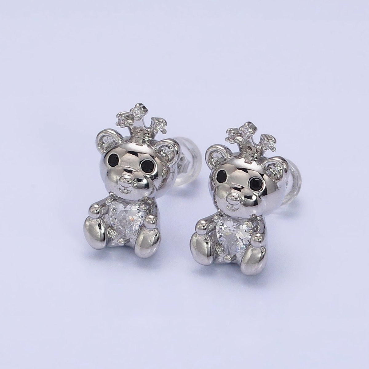 16K Gold Filled Crowned King Teddy Bear Clear CZ Heart Stud Earrings in Silver & Gold | AB1539 AD822 - DLUXCA