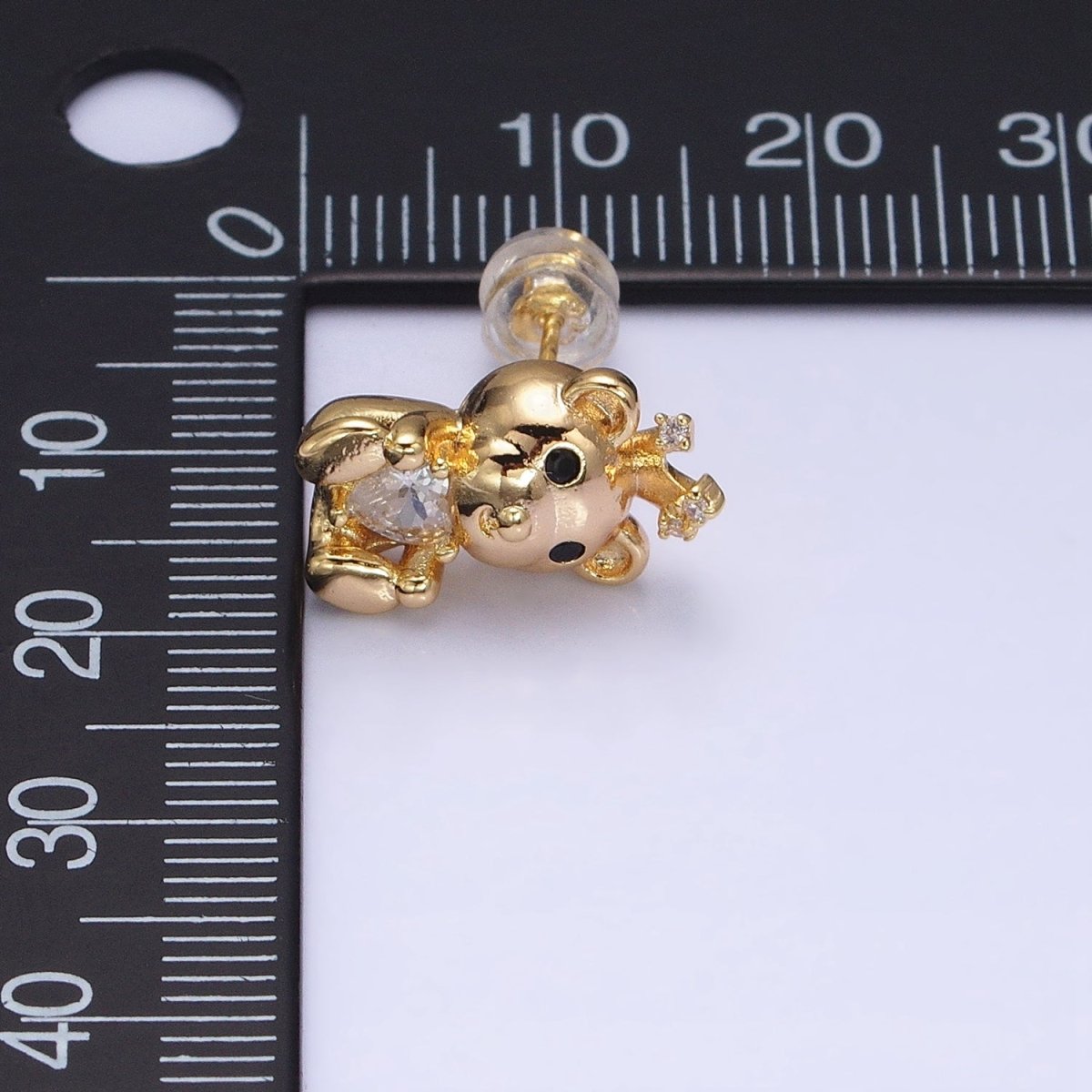 16K Gold Filled Crowned King Teddy Bear Clear CZ Heart Stud Earrings in Silver & Gold | AB1539 AD822 - DLUXCA