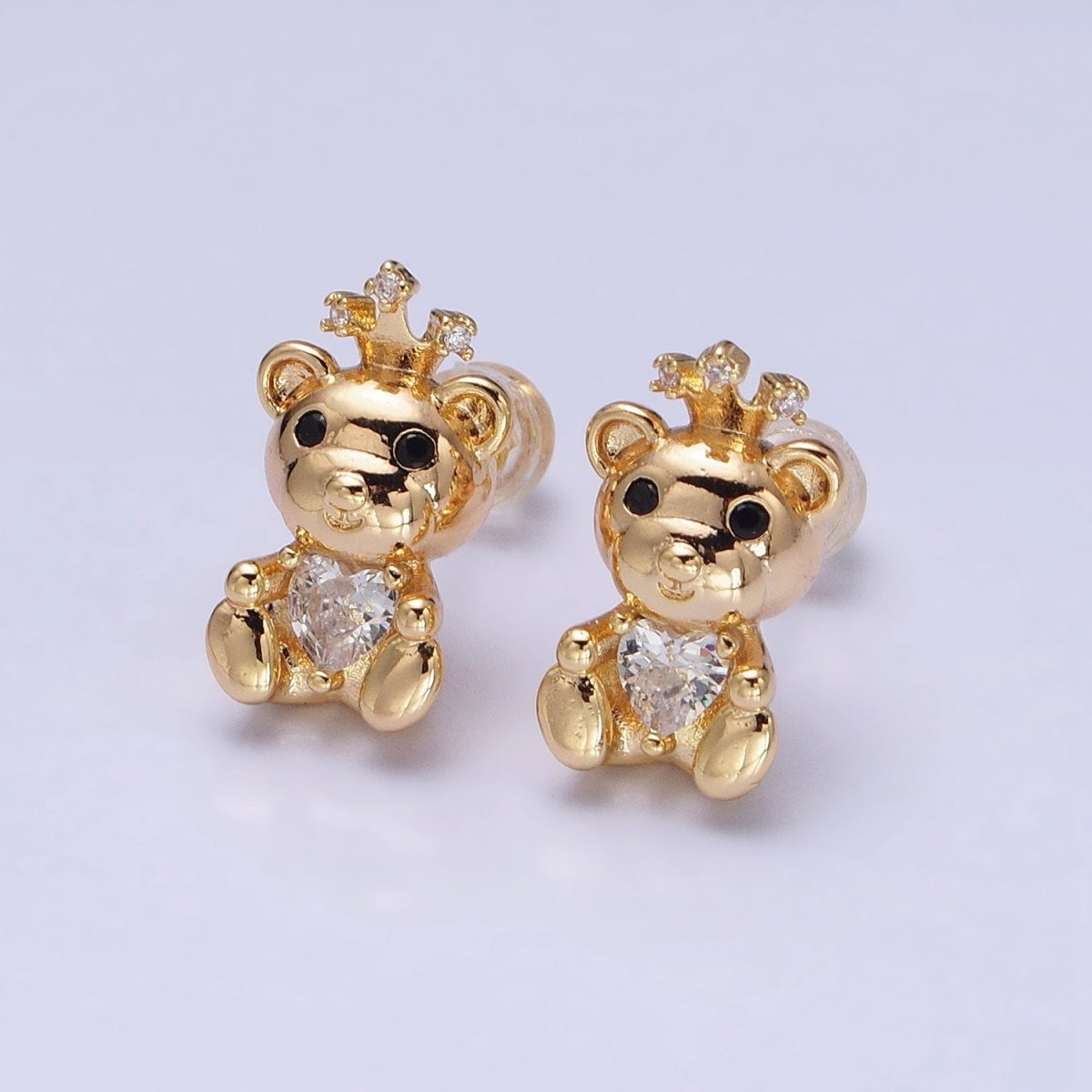 16K Gold Filled Crowned King Teddy Bear Clear CZ Heart Stud Earrings in Silver & Gold | AB1539 AD822 - DLUXCA