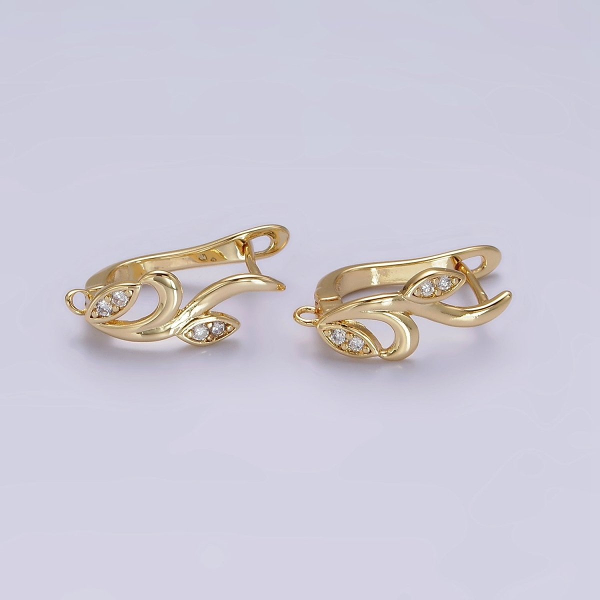 16K Gold Filled Curved Flower Clear Micro Paved CZ English Lock Earrings | Z-466 - DLUXCA