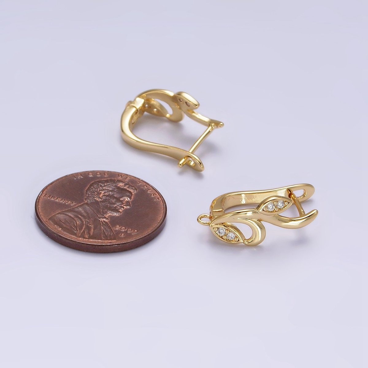 16K Gold Filled Curved Flower Clear Micro Paved CZ English Lock Earrings | Z-466 - DLUXCA