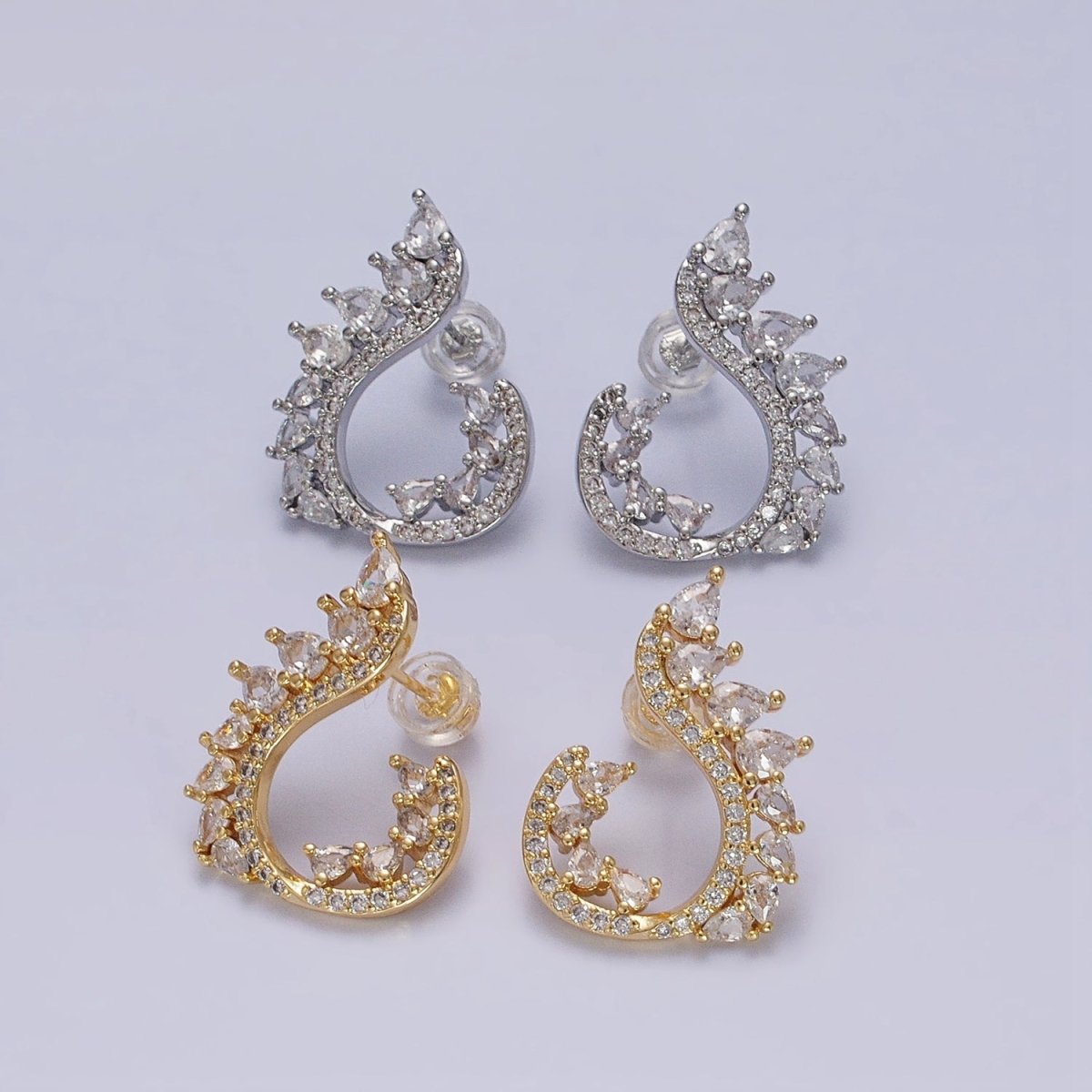 16K Gold Filled Curved Marquise Micro Paved CZ Stud Earrings Set in Gold & Silver | AB1484 AB1485 - DLUXCA