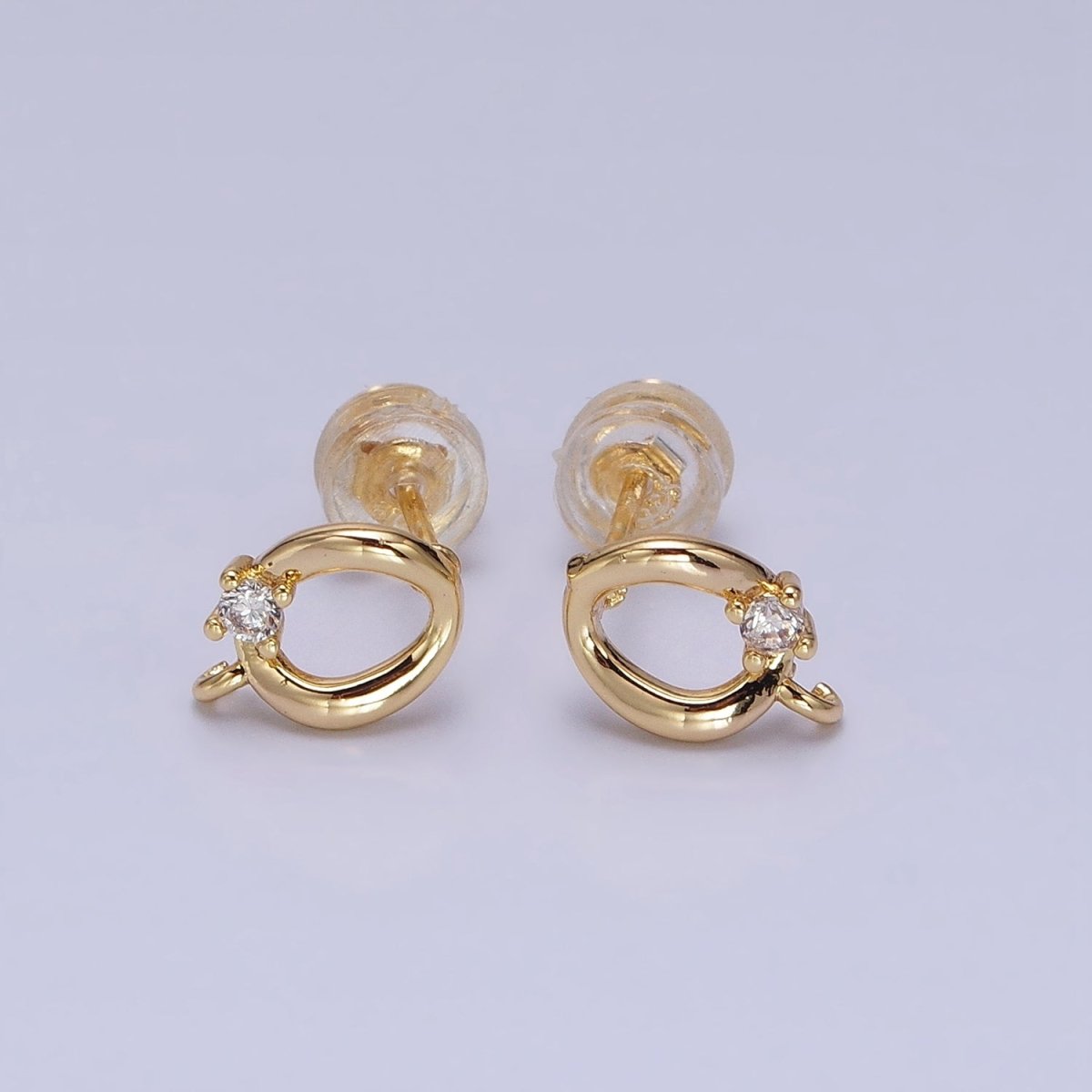 16K Gold Filled Curved Oval Round Clear CZ Open Loop Stud Earrings in Silver & Gold | Z-200 Z-212 - DLUXCA