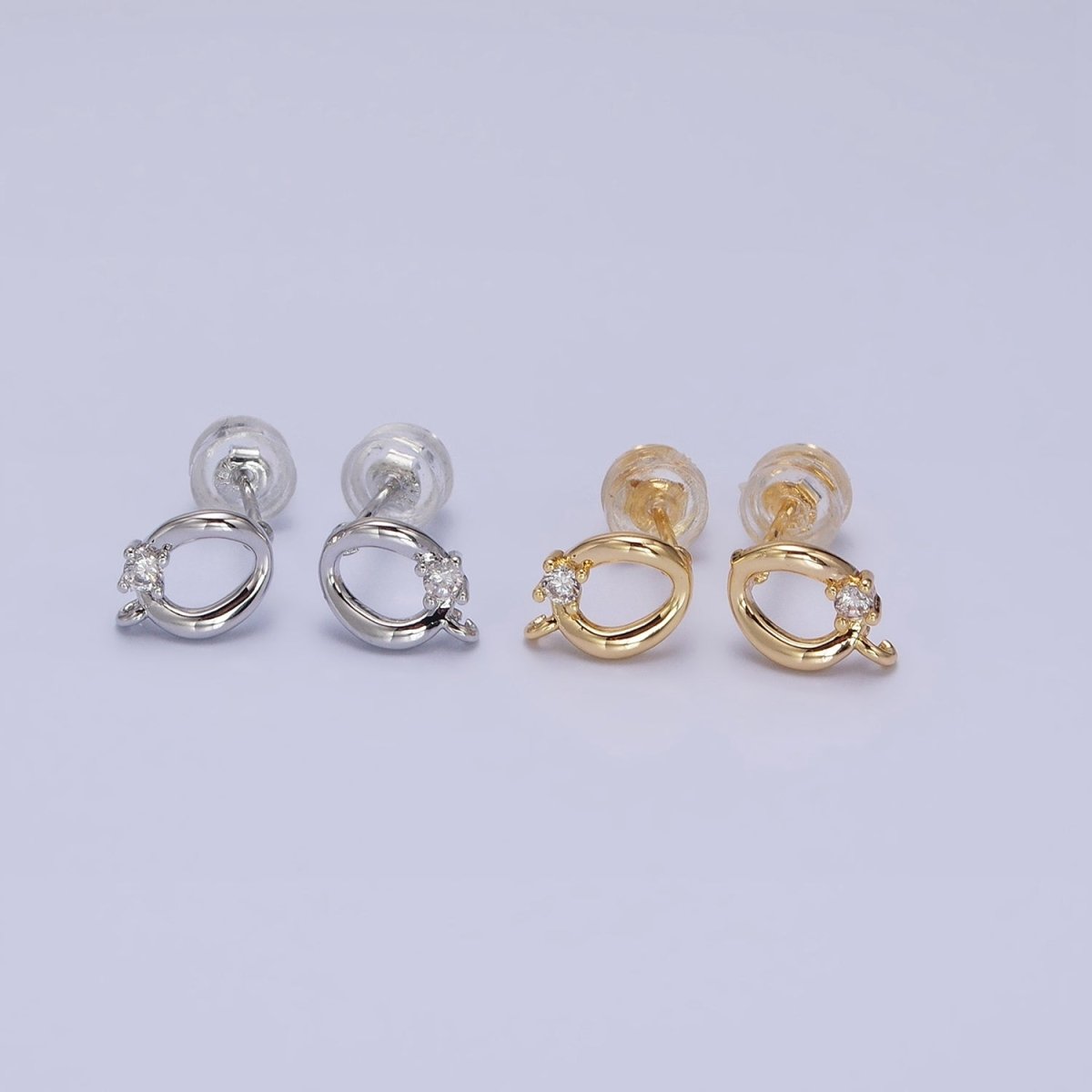 16K Gold Filled Curved Oval Round Clear CZ Open Loop Stud Earrings in Silver & Gold | Z-200 Z-212 - DLUXCA