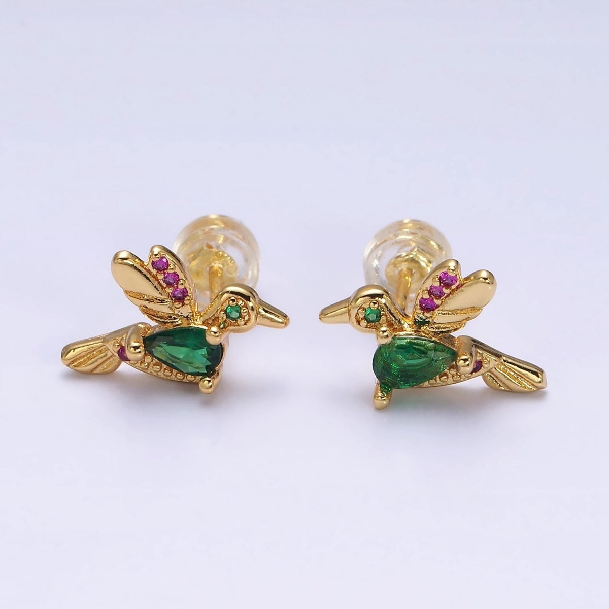 16K Gold Filled CZ Clear, Multicolor Teardrop Bird Animal Stud Earrings in Gold & Silver | AE591 - AE594 - DLUXCA
