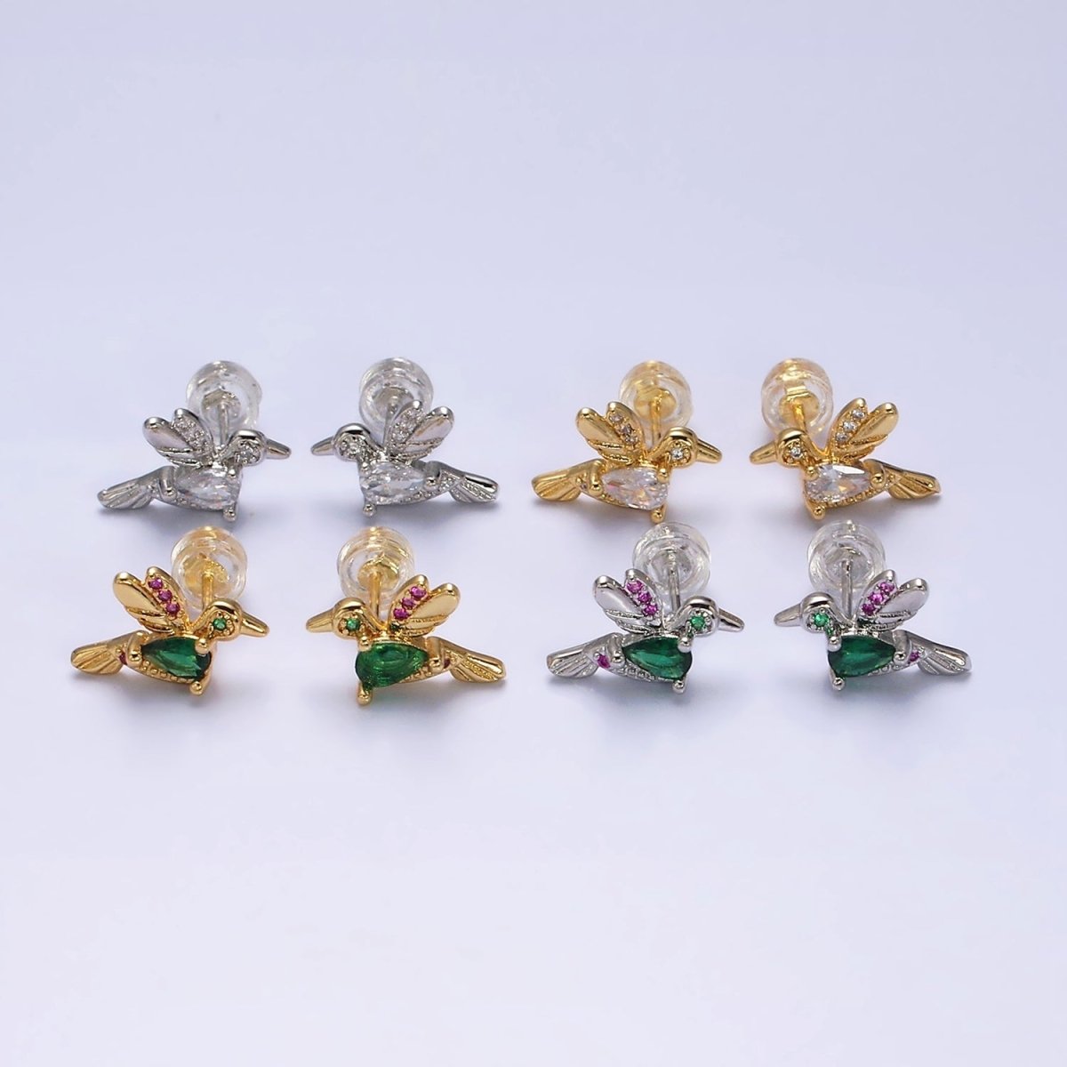 16K Gold Filled CZ Clear, Multicolor Teardrop Bird Animal Stud Earrings in Gold & Silver | AE591 - AE594 - DLUXCA