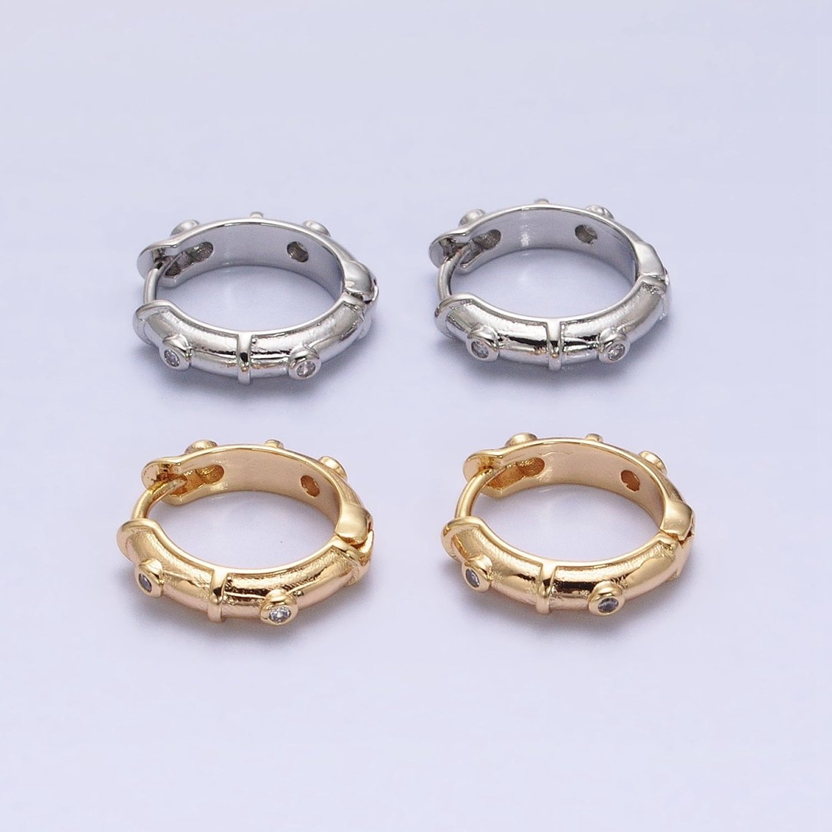 16K Gold Filled CZ Dotted 15mm Huggie Hoop Earrings in Gold & Silver | AB1555 AB1556 - DLUXCA