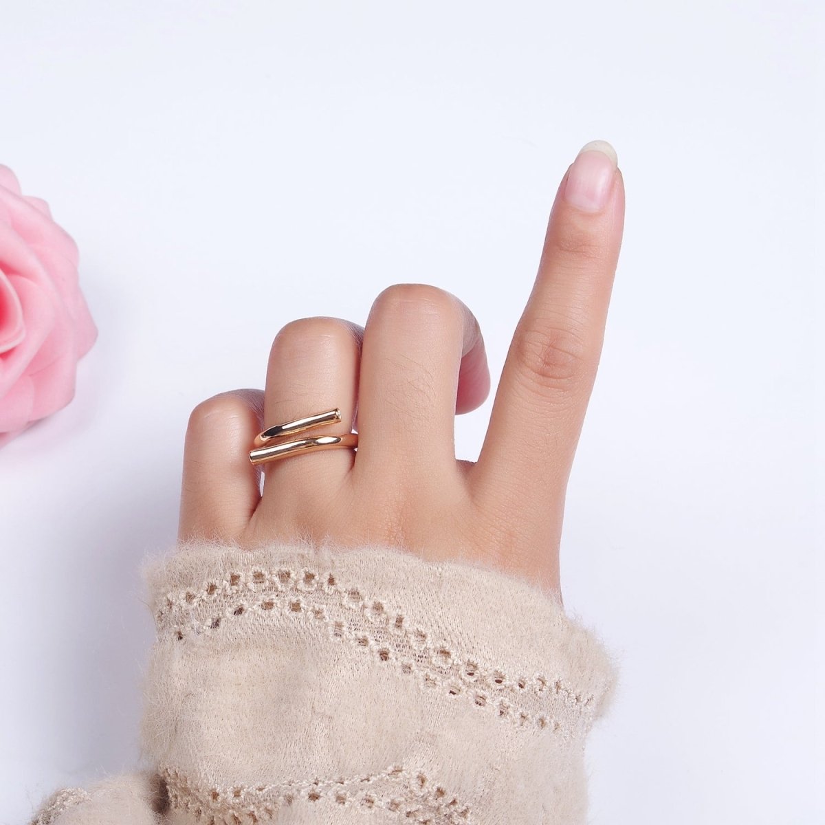 16K Gold Filled CZ Double Flat Bar Band Wrap Minimalist Ring | O1215 - DLUXCA