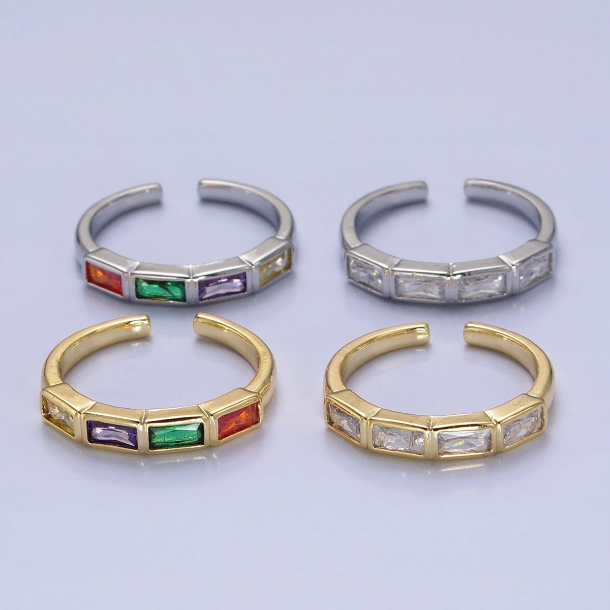 16K Gold Filled CZ Lined Multicolor, Clear Baguette Thin Ring in Gold & Silver | O-1936 O-1937 O-1938 O-1939 - DLUXCA