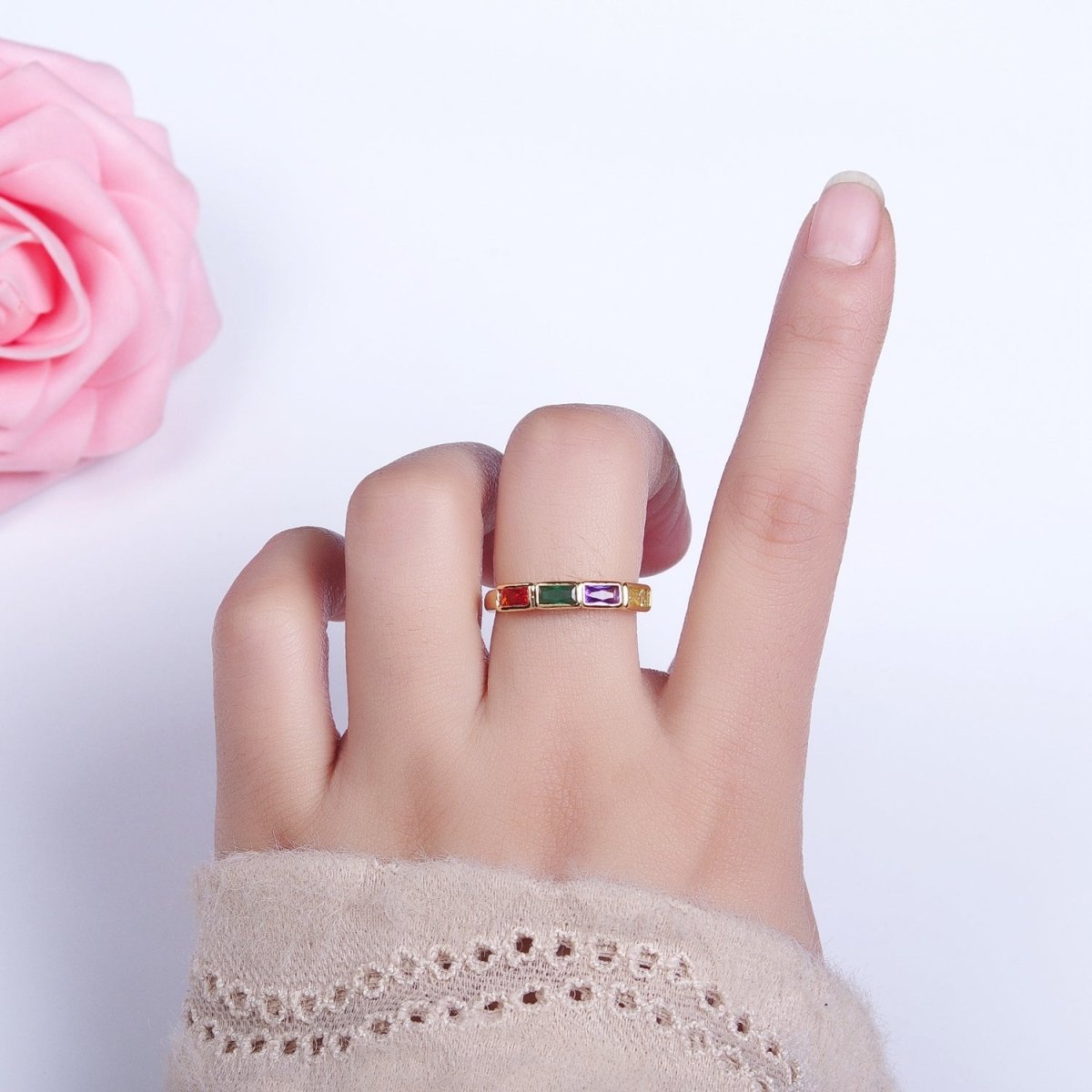 16K Gold Filled CZ Lined Multicolor, Clear Baguette Thin Ring in Gold & Silver | O-1936 O-1937 O-1938 O-1939 - DLUXCA