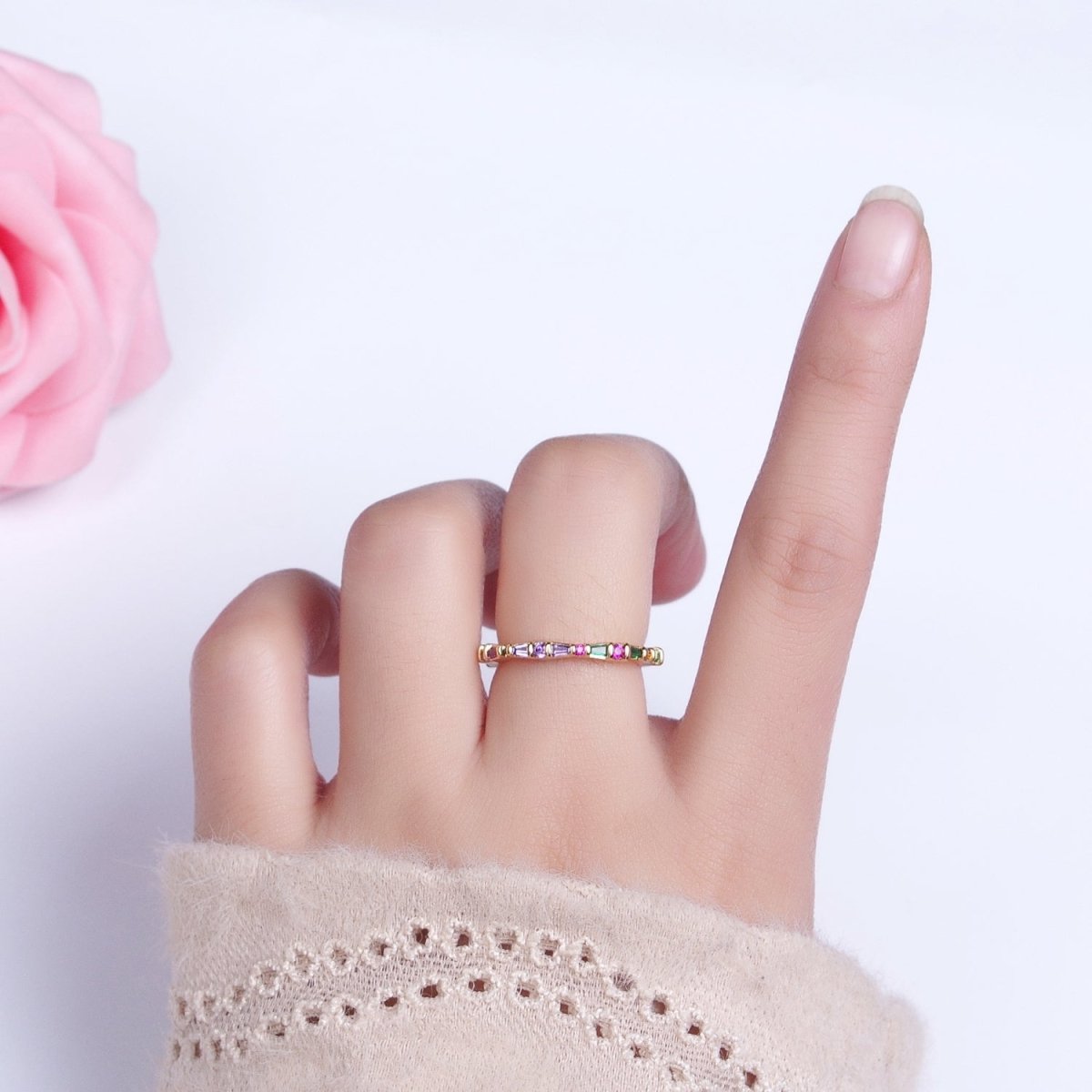 16K Gold Filled CZ Multicolor Round Baguette Lined Ring in Gold & Silver | O-1932 O-1933 - DLUXCA