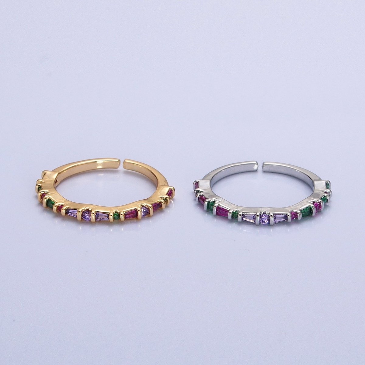 16K Gold Filled CZ Multicolor Round Baguette Lined Ring in Gold & Silver | O-1932 O-1933 - DLUXCA