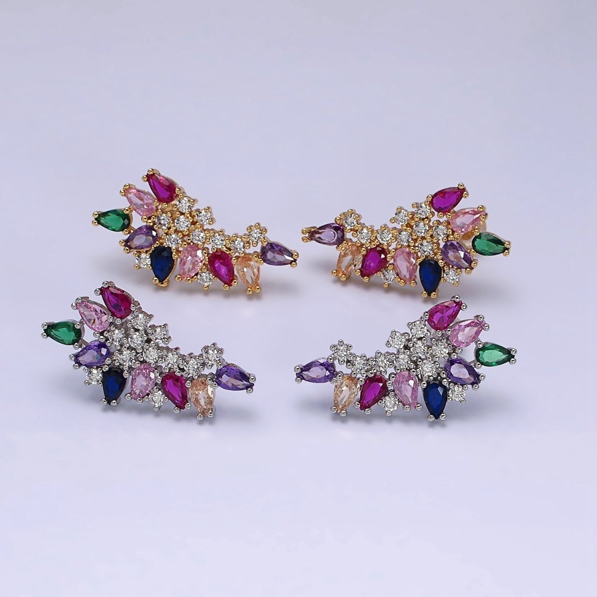 16K Gold Filled CZ Multicolor Teardrop Curved Line Stud Earrings in Gold & Silver | AD1161 AD1162 - DLUXCA