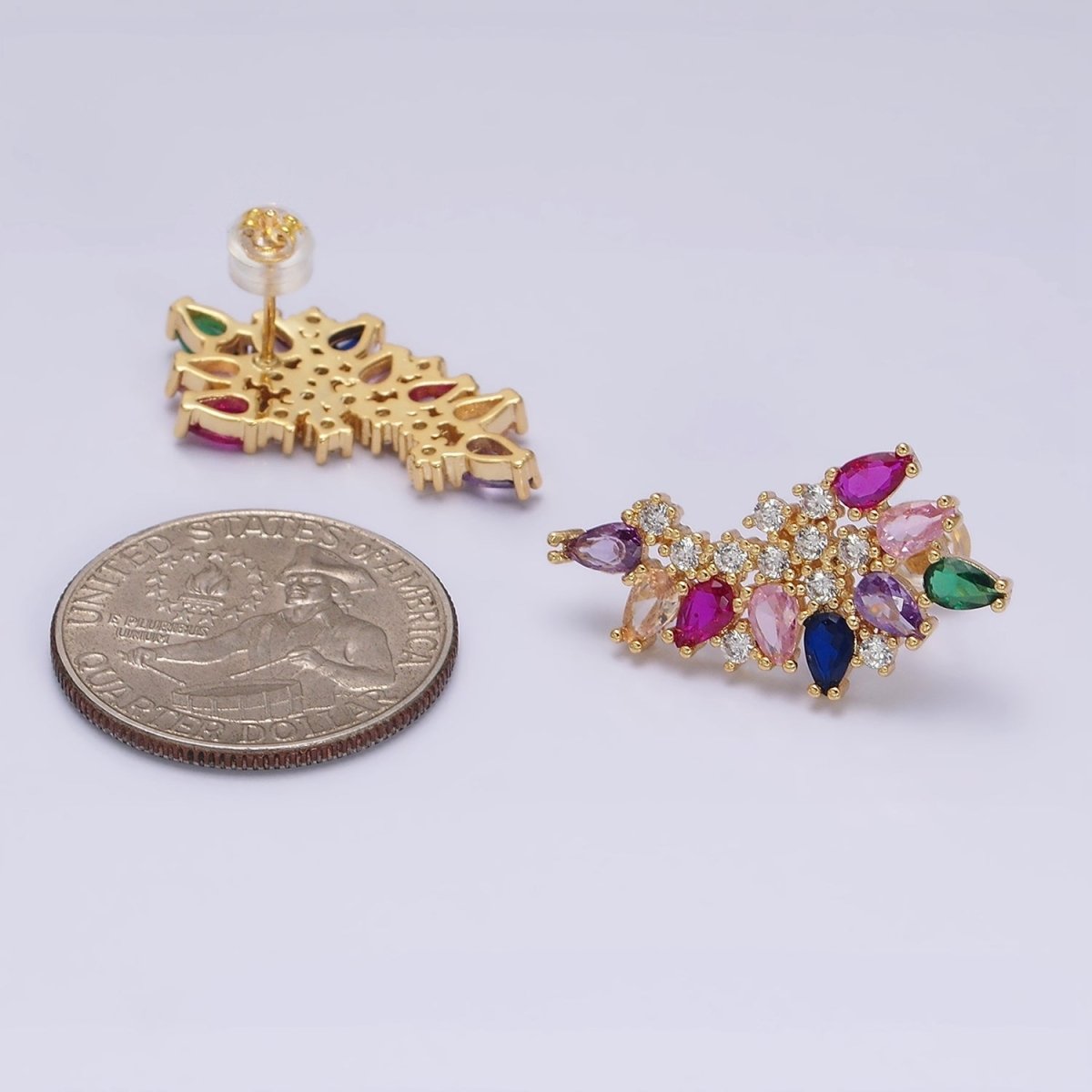 16K Gold Filled CZ Multicolor Teardrop Curved Line Stud Earrings in Gold & Silver | AD1161 AD1162 - DLUXCA