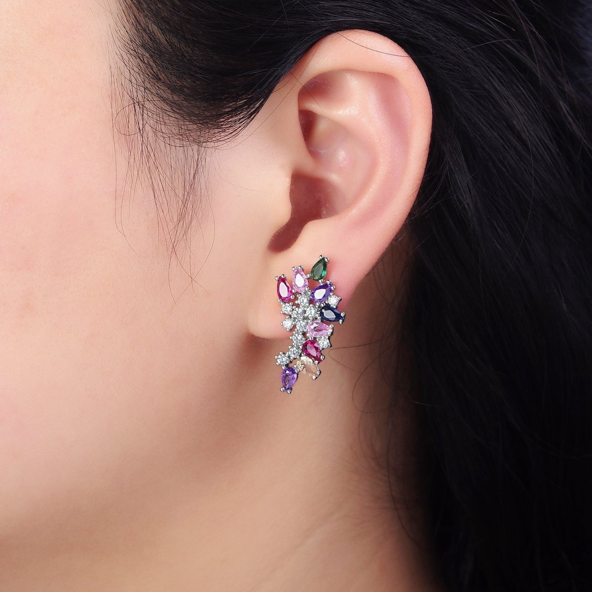 16K Gold Filled CZ Multicolor Teardrop Curved Line Stud Earrings in Gold & Silver | AD1161 AD1162 - DLUXCA