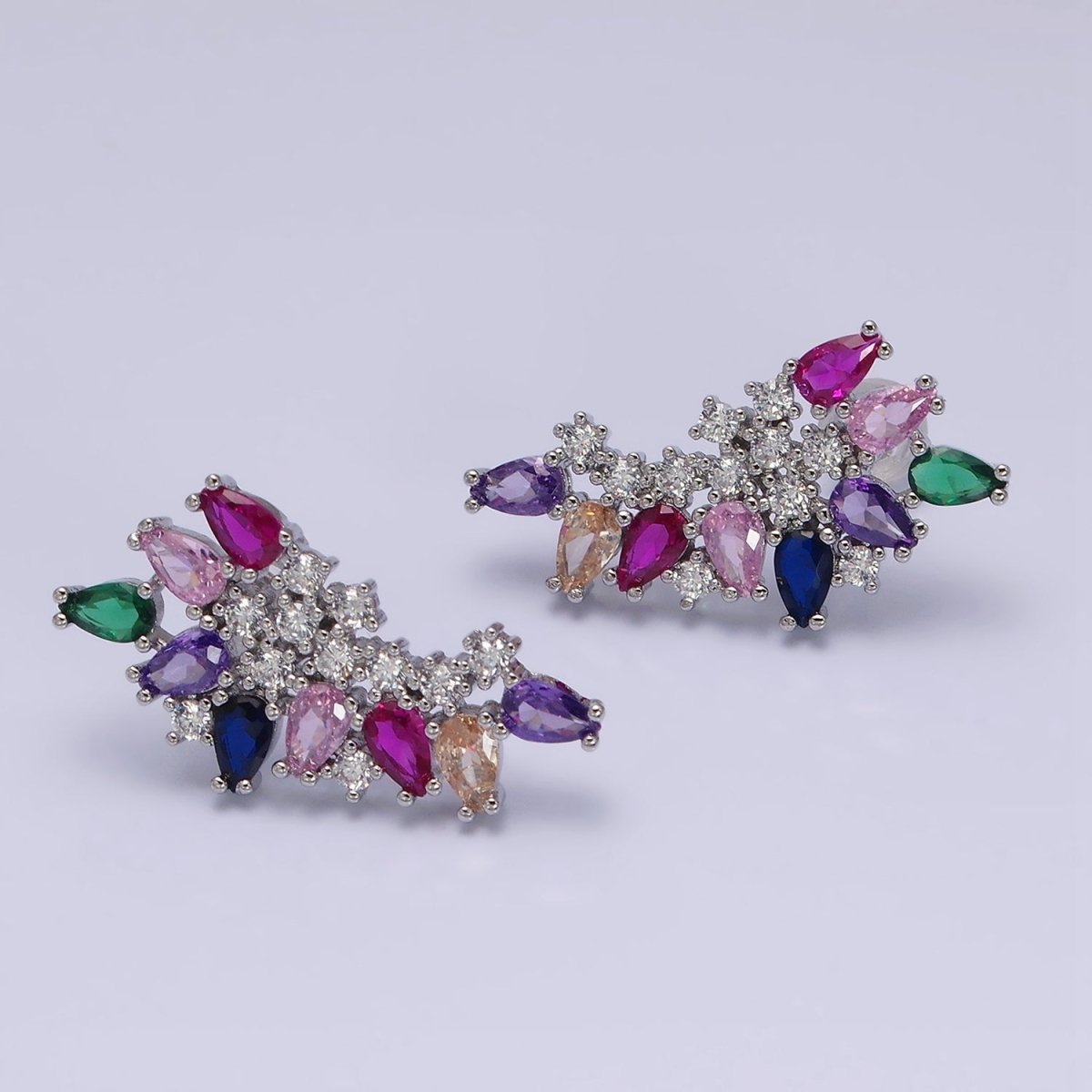 16K Gold Filled CZ Multicolor Teardrop Curved Line Stud Earrings in Gold & Silver | AD1161 AD1162 - DLUXCA