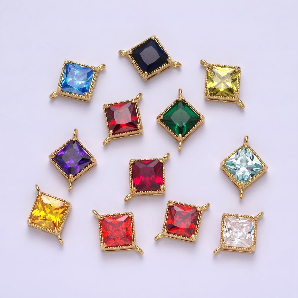 16K Gold Filled CZ Rhombus 17.7mm, 15mm Beaded Birth Month Personalized Connector | Y-710 ~ Y-721, Y-722 ~ Y-733 - DLUXCA