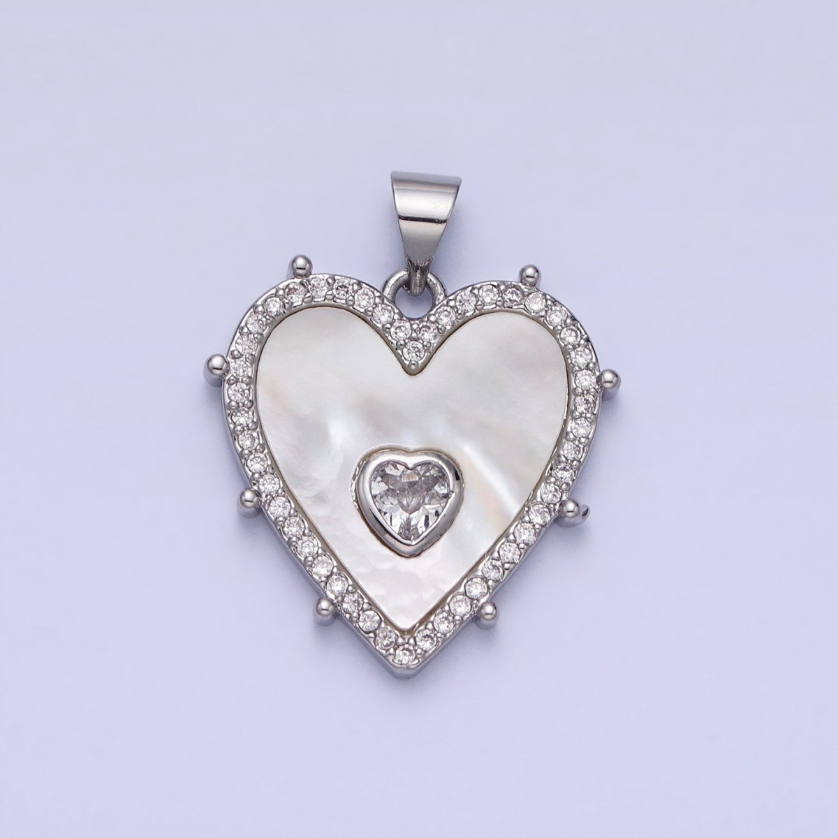 16K Gold Filled CZ Shell Pearl Micro Paved Heart Dotted Outline Pendant in Gold & Silver | AA165 AA166 - DLUXCA