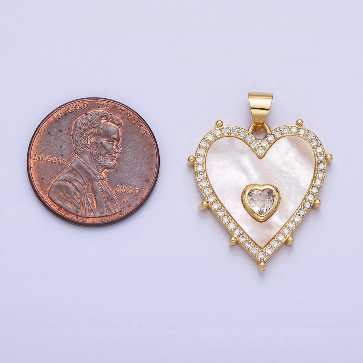 16K Gold Filled CZ Shell Pearl Micro Paved Heart Dotted Outline Pendant in Gold & Silver | AA165 AA166 - DLUXCA