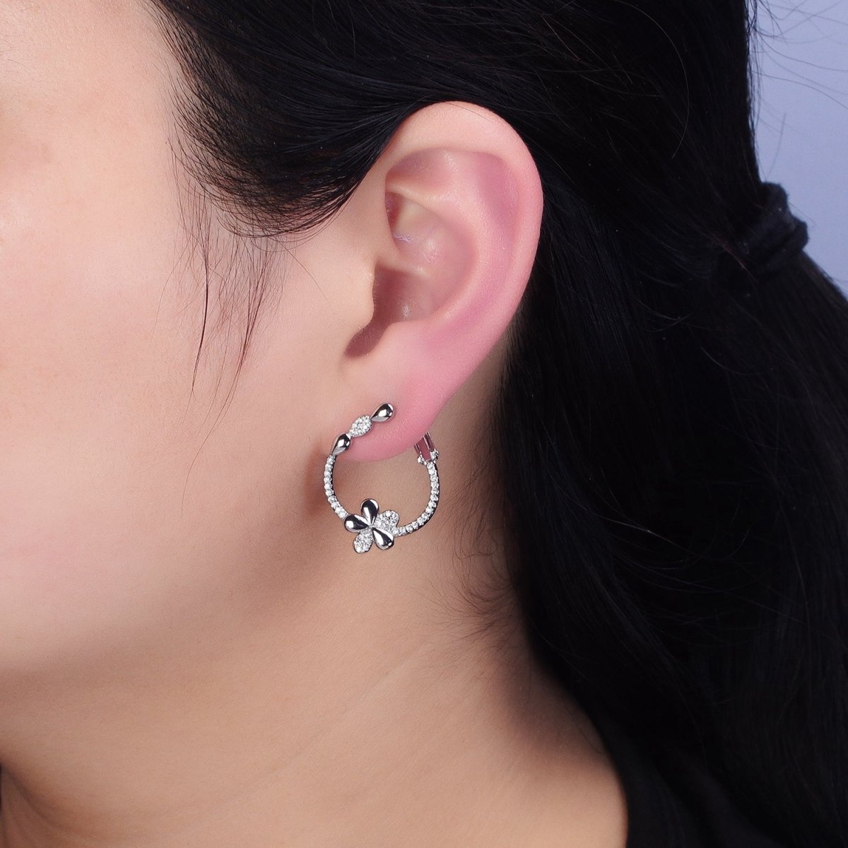 16K Gold Filled Daisy Flower CZ Micro Paved Front-Facing Hinge Hoop Earrings in Gold & Silver | AD1104 AD1105 - DLUXCA