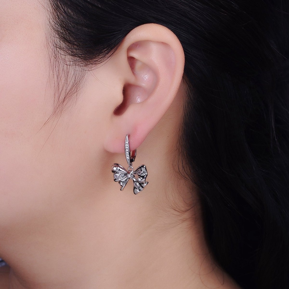 16K Gold Filled Dotted CZ Ribbon Drop Micro Paved English Lock Earrings in Gold & Silver | AD1249 AD1250 - DLUXCA