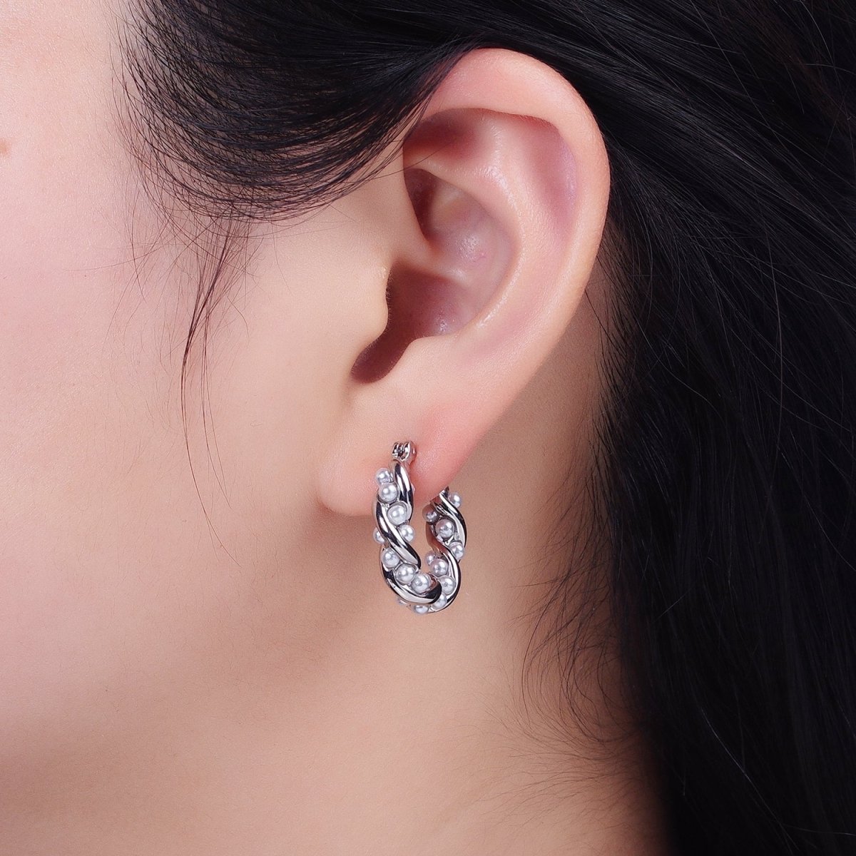 16K Gold Filled Dotted Pearl Lined Croissant Latch Earrings in Gold & Silver | AB1430 AB1431 - DLUXCA