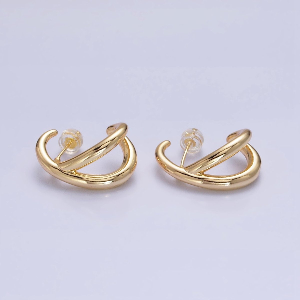 16K Gold Filled Double Band Circular Claw C-Shaped Hoop Stud Earrings in Silver & Gold | AB896 AB913 - DLUXCA