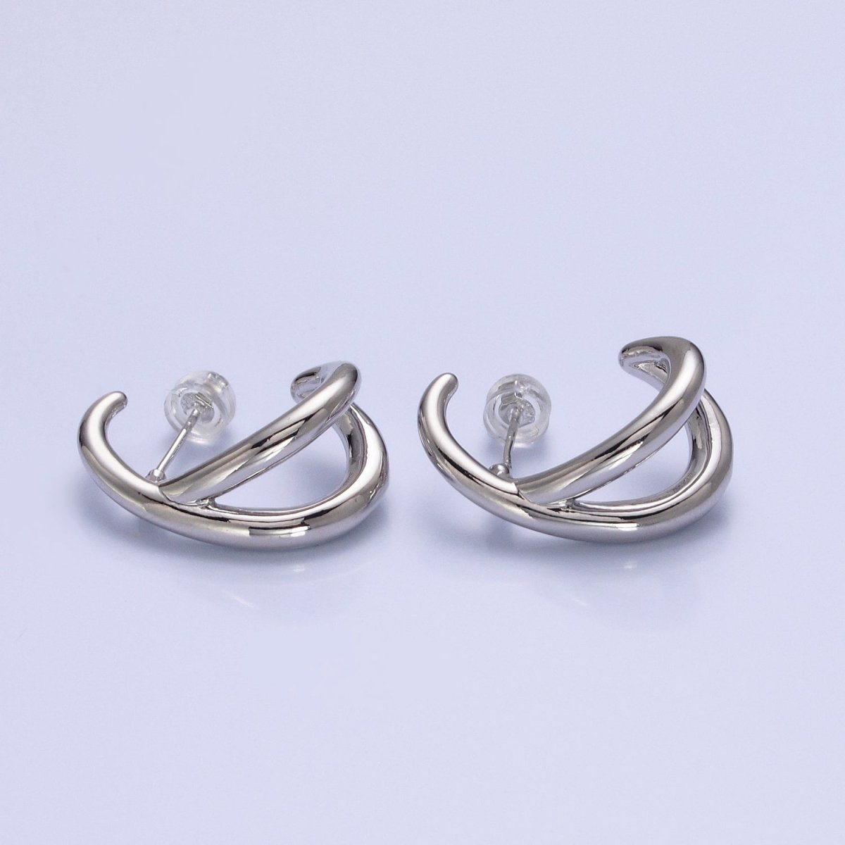 16K Gold Filled Double Band Circular Claw C-Shaped Hoop Stud Earrings in Silver & Gold | AB896 AB913 - DLUXCA