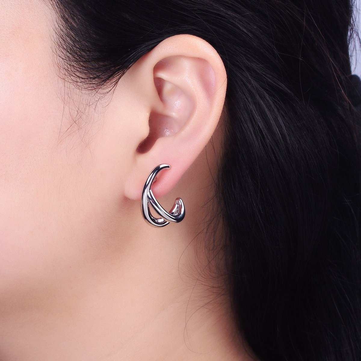 16K Gold Filled Double Band Circular Claw C-Shaped Hoop Stud Earrings in Silver & Gold | AB896 AB913 - DLUXCA